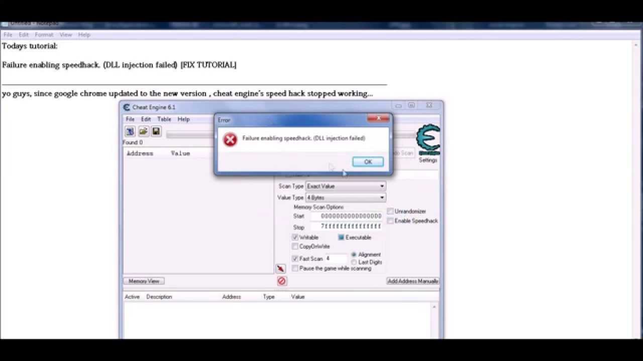 cheat engine 5.5 failure enabling speed hack dll injection failed